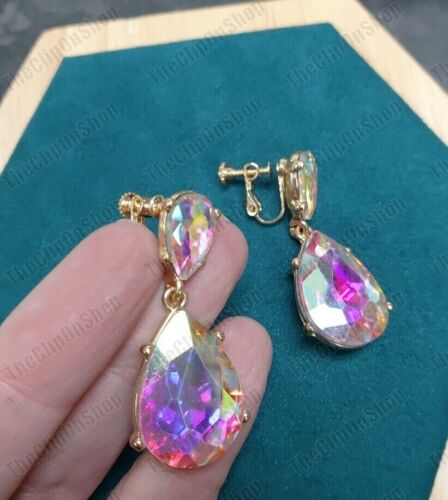 CLIP ON Retro 4cm RAINBOW CRYSTAL Drop EARRINGS AB Gold Tone Vintage Style - Picture 3 of 23