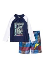 Tommy Bahama 2T Boy's 2 Pc L/S Rash Guard Swimsuit Plaid Trunks Blue UV Swim