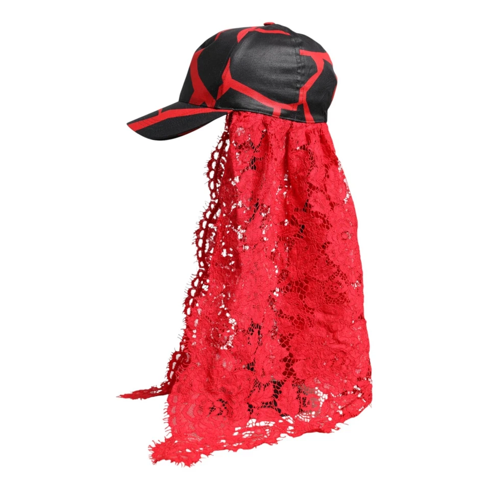 DOLCE & GABBANA Sombrero Rojo Negro Encaje Tul Algodón Gorra de Béisbol 57/S PVP 600USD Foto 2 de 4