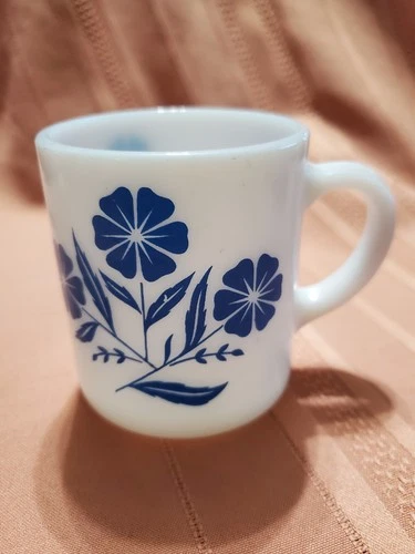 Vintage Hazel Atlas Milk Glass Blue Flower Cornflower Mug Cup Farmhouse, NICE