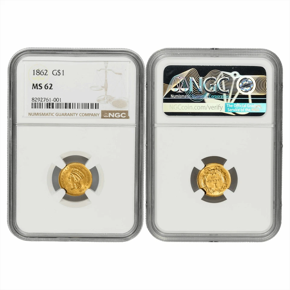 1862 Large Indian Princess Head Gold Dollar $1 NGC MS 62 - Image 3 of 3