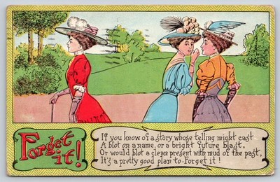 Comic~Ladies Gossip Behind Another's Back~Forget It!~c1910 Vintage Postcard