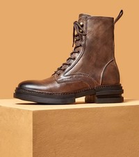 Spring New British Leather Boots Mens Lace Up Work Mid High Top Motorcycle Boots