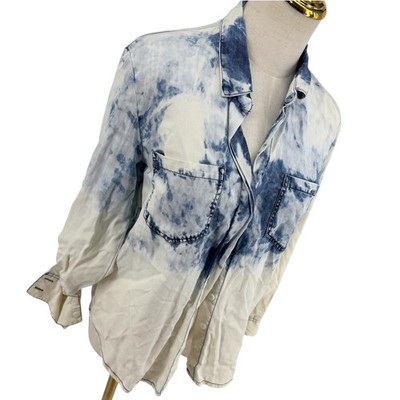 Saks Fifth Avenue RED Button Down Women Small Indigo White Tie Dye Ombre Lyocell