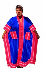 Women's Blue and Pink Striped Kaftan Robe with Pockets, One Size
