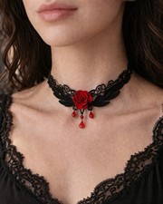 Black Lace Red Rose Gothic Choker Necklace Victorian Vamp Romantic Beaded Velvet