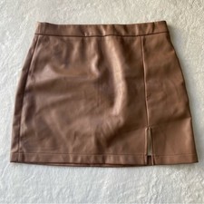 Faux Leather Mini Skirt with Side Slit - Brown Tan - Size Large