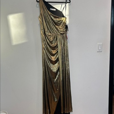 Mac Duggal metallic Gold drape One Shoulder Dress size 14 women s gown new