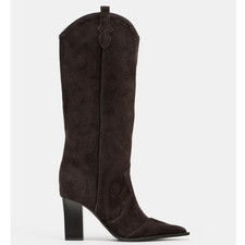 ZARA NUOVA CON ETICHETTE 2026. STIVALI DA COWBOY CON TACCO RICAMATO IN CAMOSCIO SPACCO MARRONE. 3005/710/700