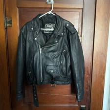 First Gear Leather Biker Jacket Size 42 Black Motorcycle Zip Belt Excellent