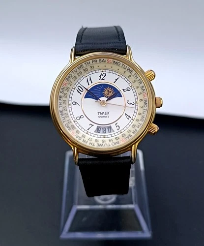 Vintage Timex Moon Phase Calendar Mens Gold Watch White Dial Japan 70 364T