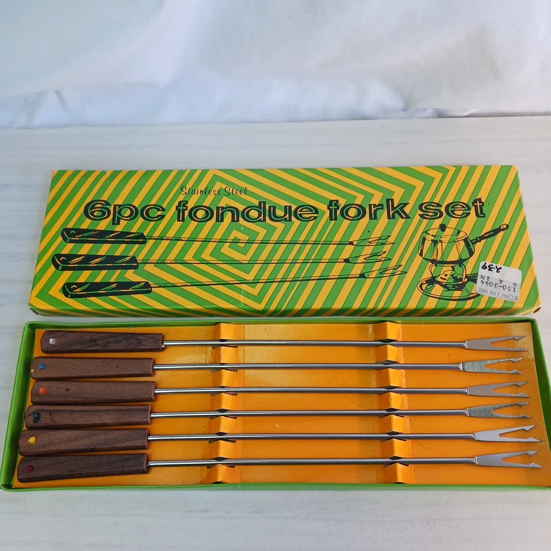 New Vintage 1970's w Box Stainless Steel w Wood Handles 6 Piece Fondue Fork Set
