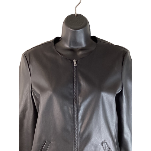 Ann Taylor Womens Faux Leather Jacket Solid Black Full Zip Mock Neck Ruffled 4 - Picture 9 of 12