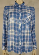 Rails blue white plaid button front 100% Rayon shirt blouse ladies Small