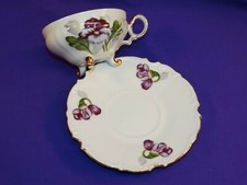 VINTAGE JAPAN UCAGO PORCELAIN CHINA CUP & SAUCER SET PURPLE PANSY FLOWERS & GOLD
