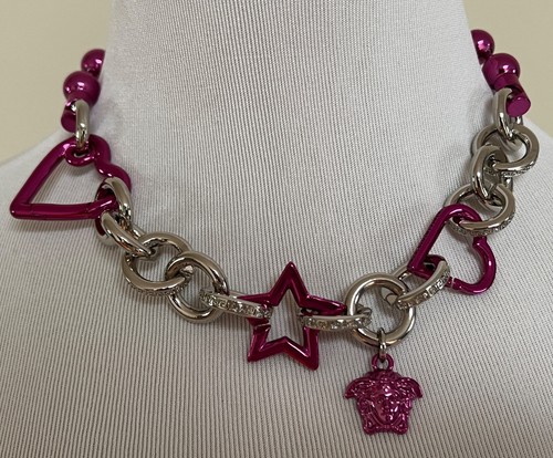 NIB Versace Medusa Logo 2Tone Pink Silver Star Heart Chunky Chain Necklace $1675 - Picture 18 of 24