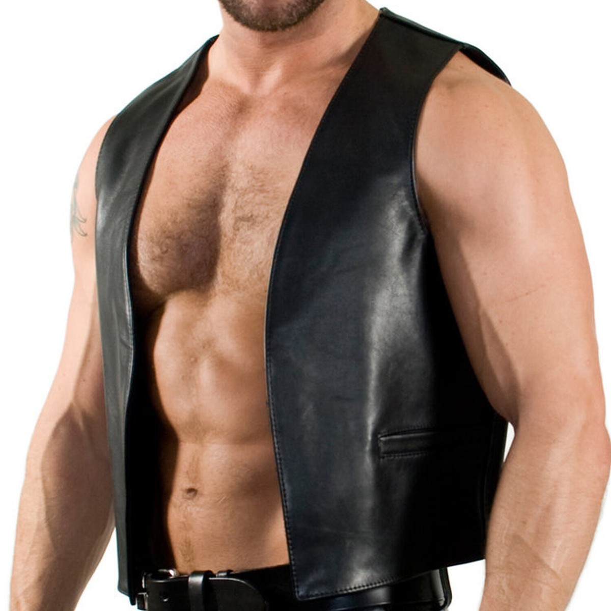 New Genuine Calf leather Bar vest Open Front Sleeveless Fetish gay