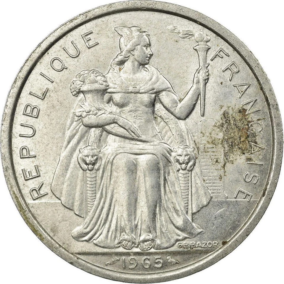 French Polynesia 5 Francs Coin | Liberty Sitting | Throne | Sailboat | 1965 - Image 3 of 4