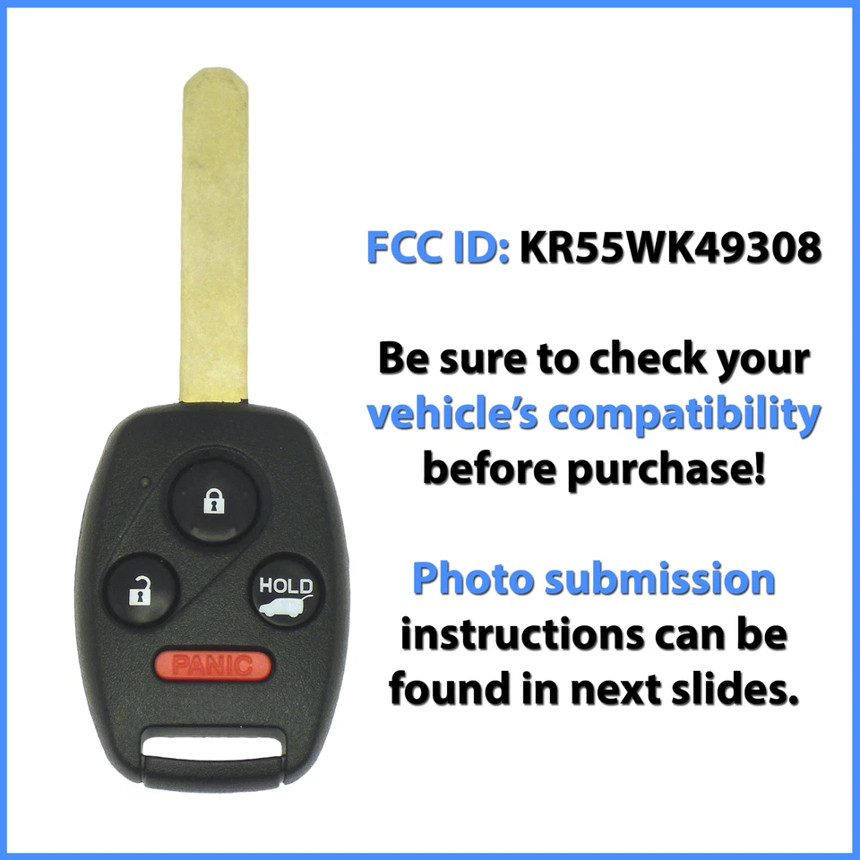 Servicio de llave cortada por foto para reemplazo Honda Pilot Key Remote Combo KR55WK49308 Foto 2 de 4