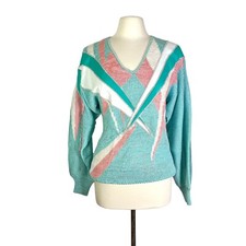 Vintage 80s 90s Lido Turquoise Pink Rhinestone Leather Patchwork Sweater Santana