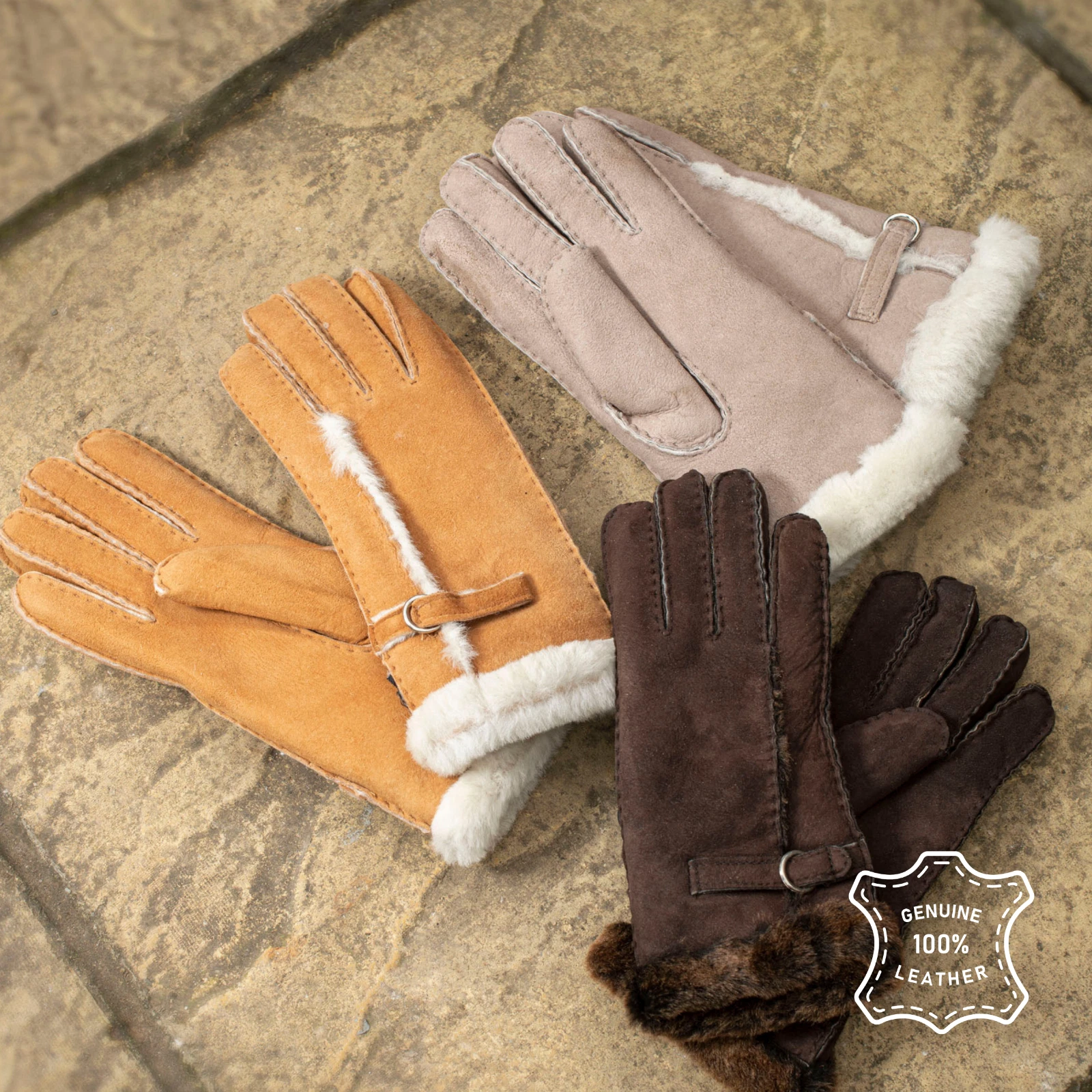 Women's Fluffy Sheepskin Shearling Gloves Wool Out Buckle Detail Luxury Warmth