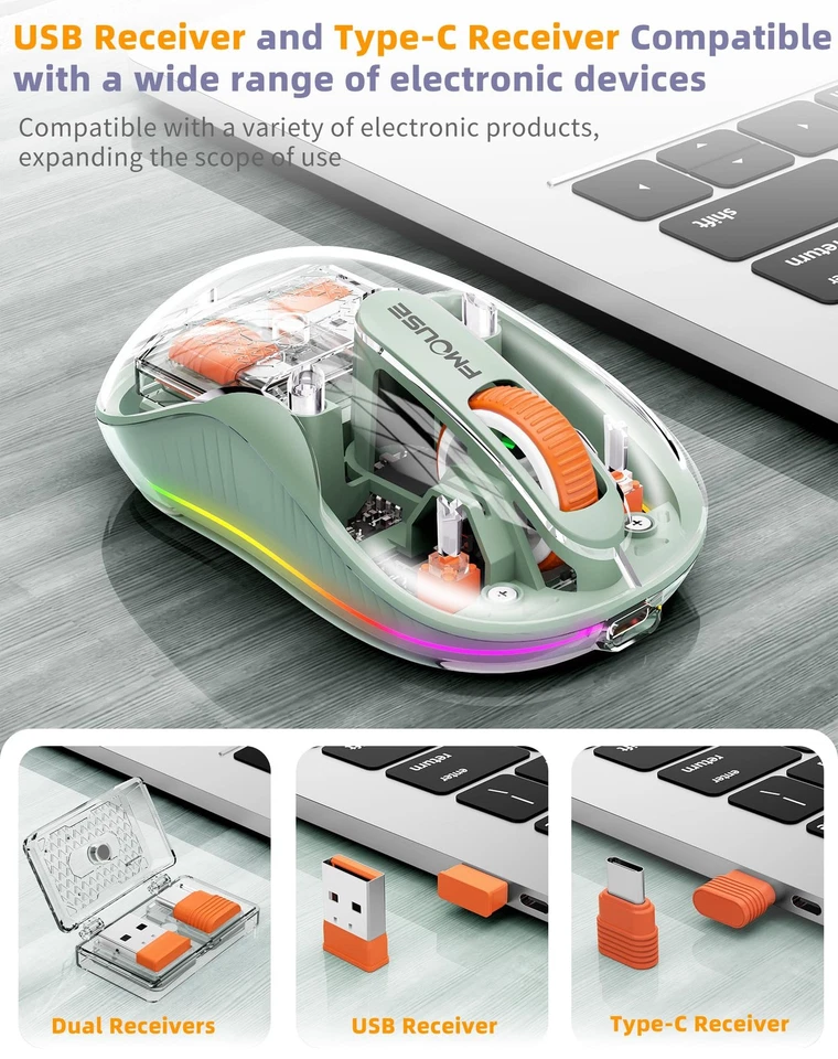 Bluetooth Wireless Mouse, Transparent RGB Tri-Modes Mouse,Bluetooth & 2.4GHz ... - Image 4 of 4