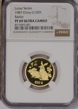 1987 Gold Lunar 8 grams 150 Yuan Year of the Rabbit NGC PF69 Ultra Cameo