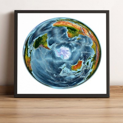 World Map, WGS 1984 Grid South Projection World Map, Framed World Relief Map