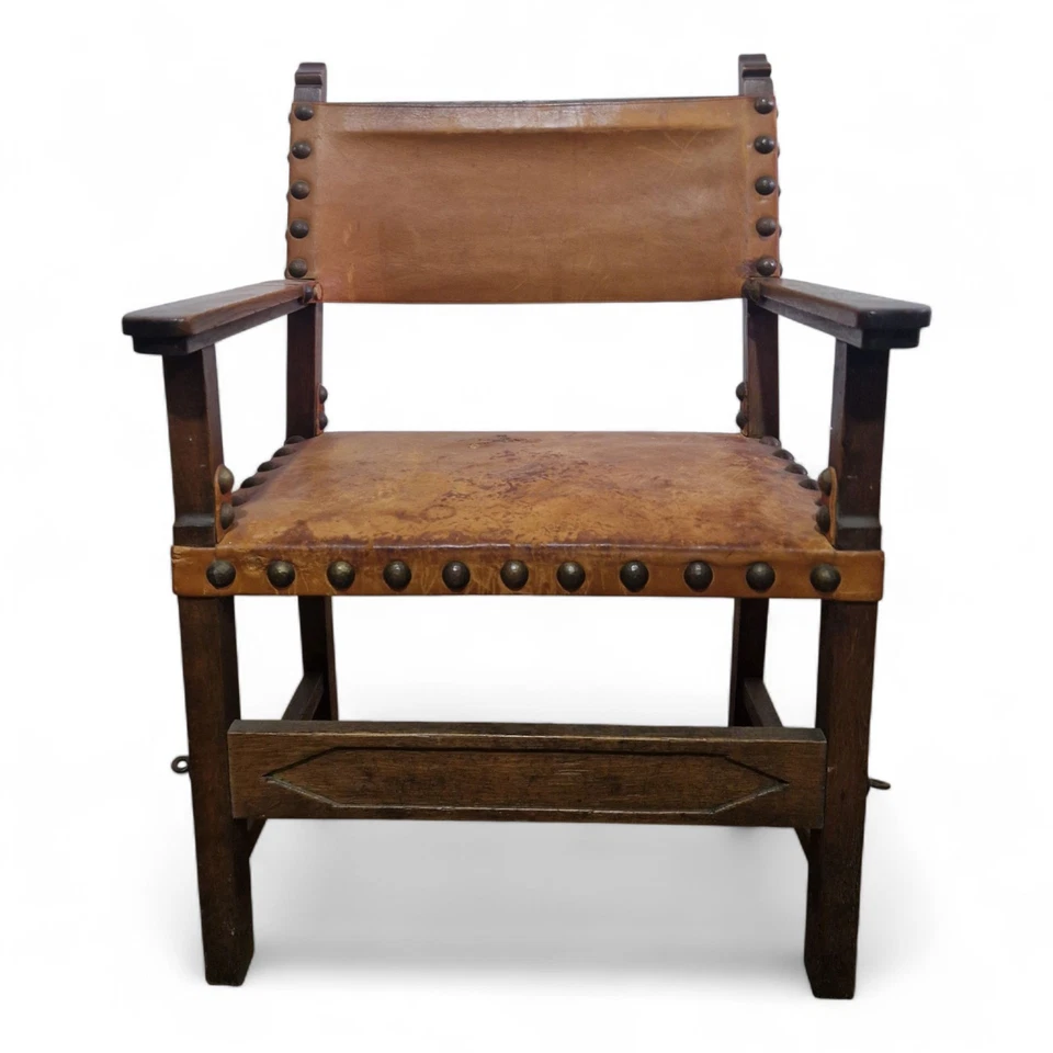 Antique rustic farmhouse chair - Spanish revival leather and oak armchair - Image 4 of 4