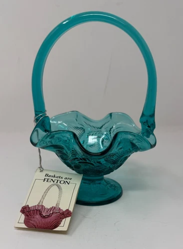 Vintage Fenton Teal Blue Ruffled Strawberry Pattern Basket W/ Tags