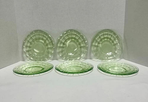 Set of 6 Uranium Depression Glass Anchor Hocking "Block Optic" Saucers