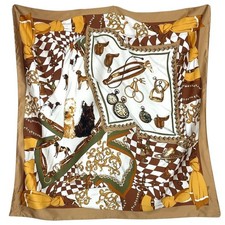 Vintage Equestrian Horse Scarf Square 35" Tan Brown Gold Silky Dogs Tack Italy