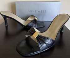 Vintage 90s Heels Open Toe Mules Black Kid Leather Gold Metal Women SZ 9.5 w Box