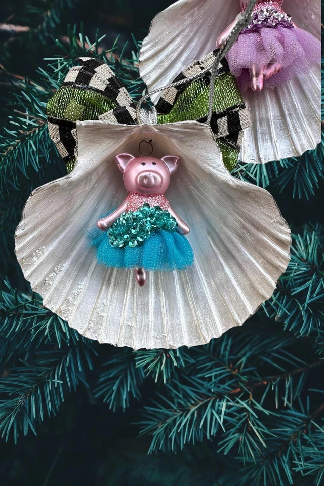 Adornos de Navidad hechos a mano concha marina - Bailarinas de cerdo e hipopótamo, juego de 4 Foto 3 de 4
