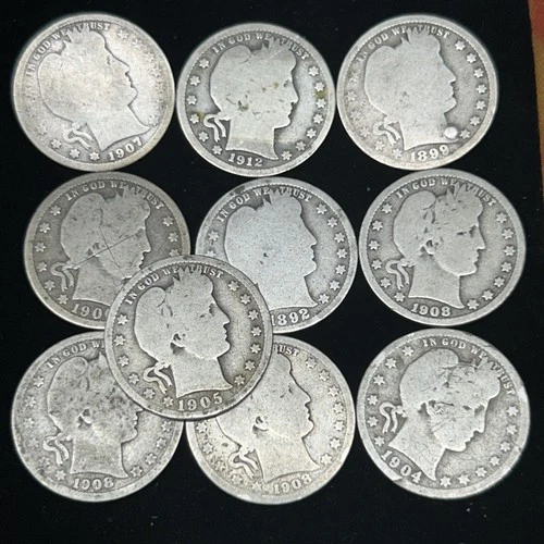 LOT OF TEN BARBER QUARTERS FULL DATES