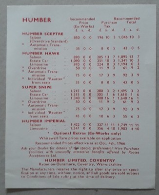 Humber Range Preisliste Broschüre 1966 - Hawk Imperial Sceptre Snipe Rootes