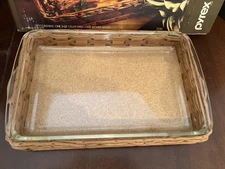 Vintage Pyrex Baker in a Basket 3 Qt Utility Dish & Woven Basket 2330 9"x13" 