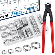 75Pcs 8-Sizes 304 Stainless Steel Single Ear Hose Clamps with Ear clamp plier...