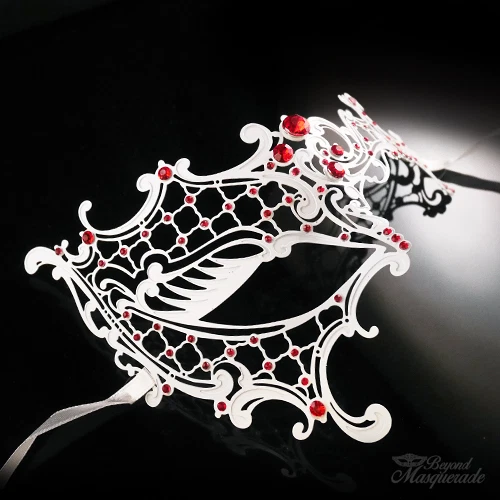 Woman Mask White Metal Phantom Venetian Ball Masquerade Mask Red Rihnestones - Image 2 of 4