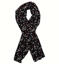 Women's black neck scarf with large white flowers and red roses, soft sheer wrap