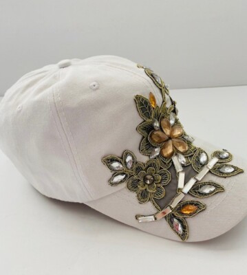 Ladies Rhinestones embellished Ball cap 100% cotton white  display picture 2