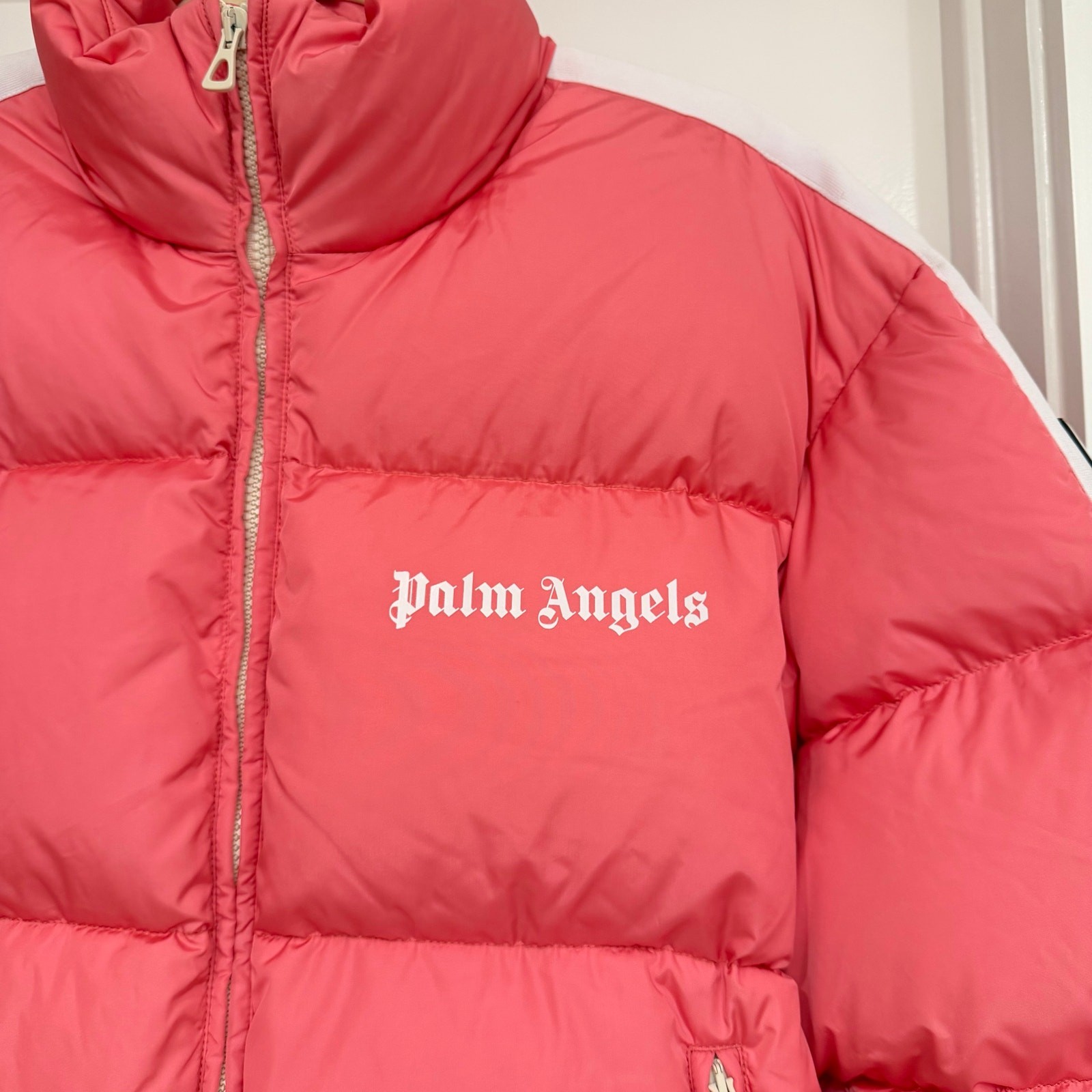 Palm Angels Classic Track Down Puffer Jacket in Pink/White Size XS image 7