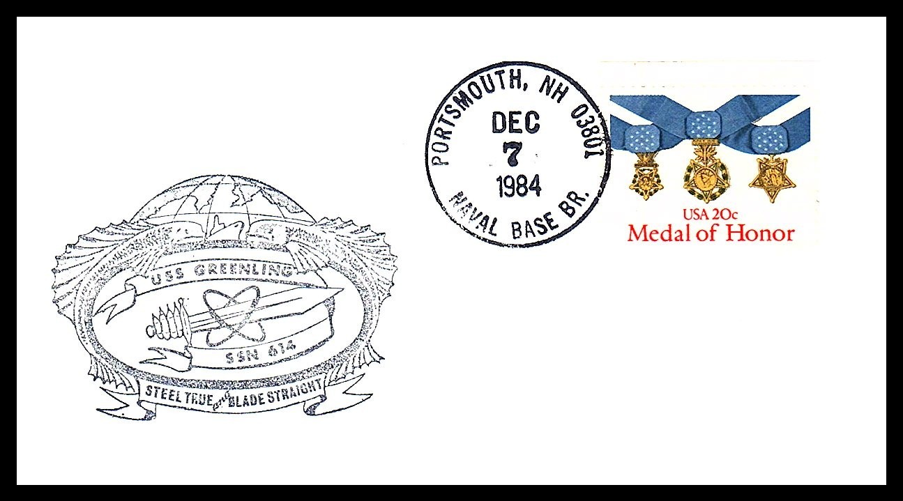 USS GREENLING SSN 614 SHIP CREST DEC 7 1984 PORTSMOUTH NH NAVAL CACHET BX2