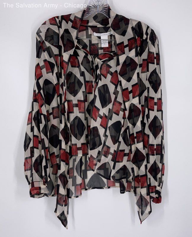 Diane Von Furstenberg Womens Black Red Abstract Silk Sheer Blouse Top Size 0