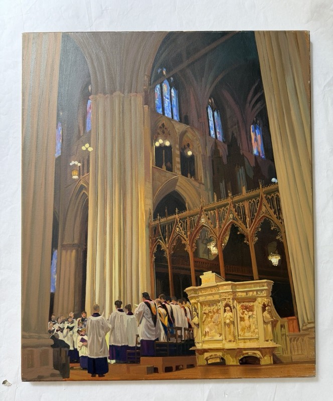 Washington National Cathedral Oil Art Painting arches and stained glass Choir