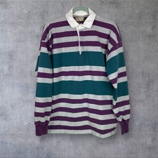 Vintage 90s LL Bean Rugby Shirt Mens L Purple Green Gray Stripe Long Sleeve USA