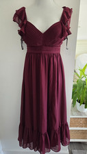 Birdy Grey Michelle Chiffon Dress Ruffle Sleeves Slit Bridesmaid Burgundy Red