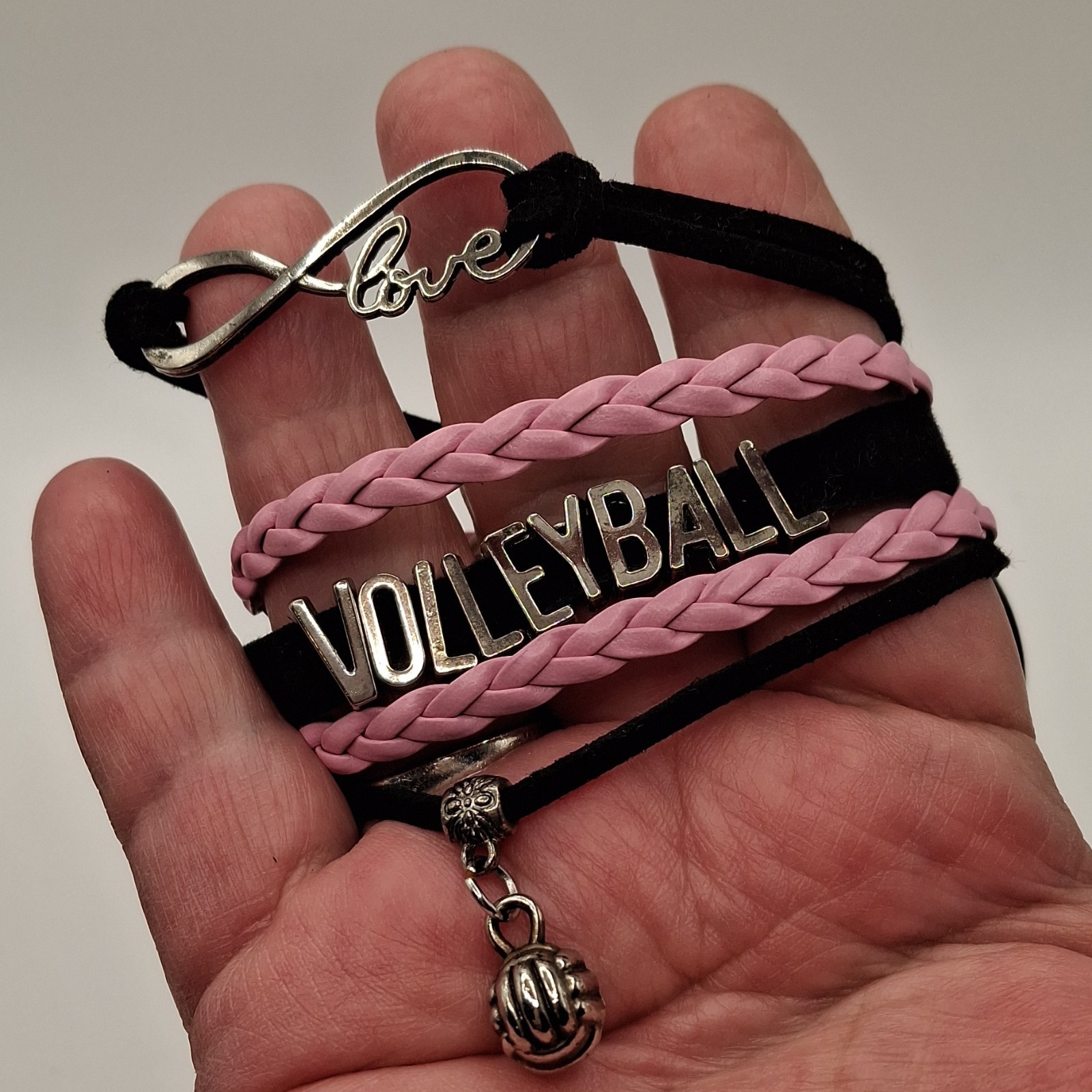 Pink Black Volleyball Love Infinity Charm Adjustable Braided Bracelet