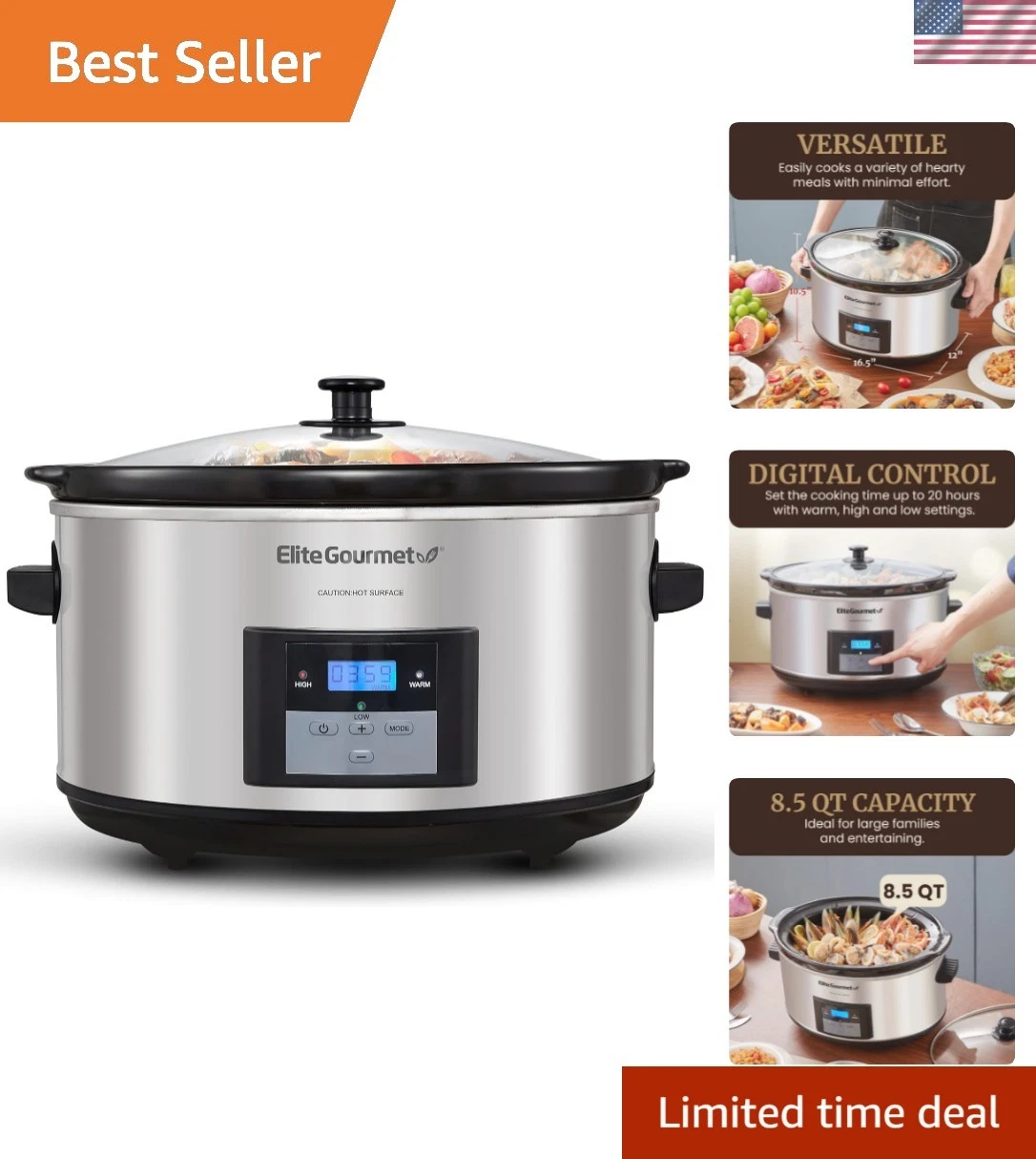 MST-900D 8.5Qt Programmable Slow Cooker - Elegant Stainless Steel Design