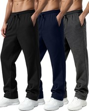 3 Pack Fleece Sweat Pants for Men, Athletic Open Bottom Mens Baggy Wide Leg S...